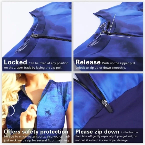 Women's Short Sleeve One Piece Rash Guard Swimsuit Zip Front UPF50+ Surfing L - Picture 3 of 4